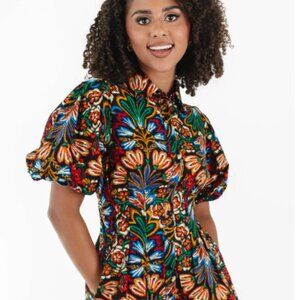 Multicolour Floral Puff Short Sleeve Shirt Mini Dress